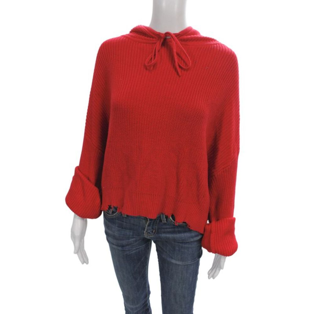 R+A Womens Pullover Sweater Red Hooded Cotton Long Sleeve Size S